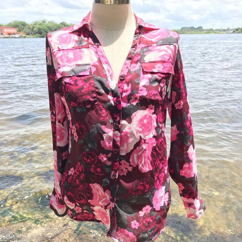 New York & Company Rosey Pink Floral Blouse Top